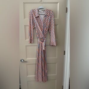 Diane von Furstenberg Sana Long Sleeve Wrap Dress In Fleurgeo Coral Reef